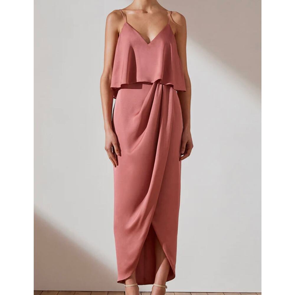 Shona Joy Rose Pink Luxe Frill Tulip Hem Maxi Dress Size 6‎